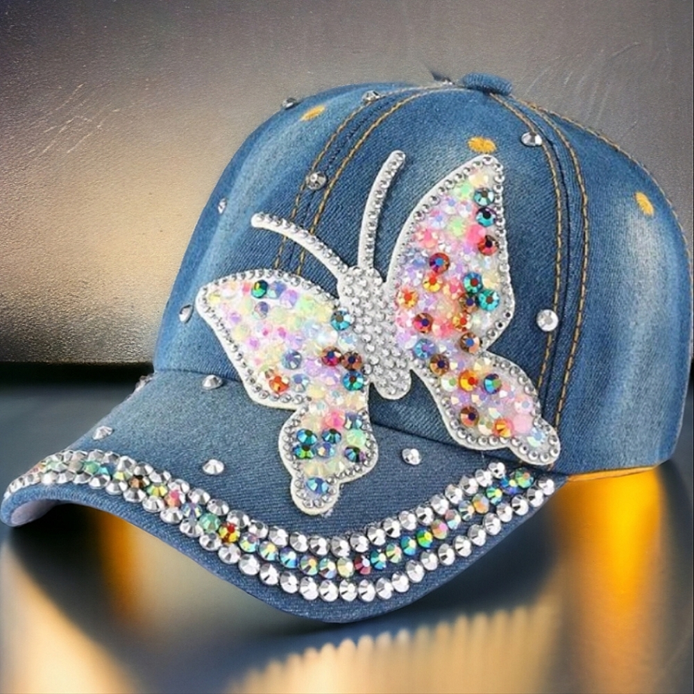 Blue Denim Rhinestone Bling Butterfly Baseball Cap Hat Studs Bling - Picture 4 of 7